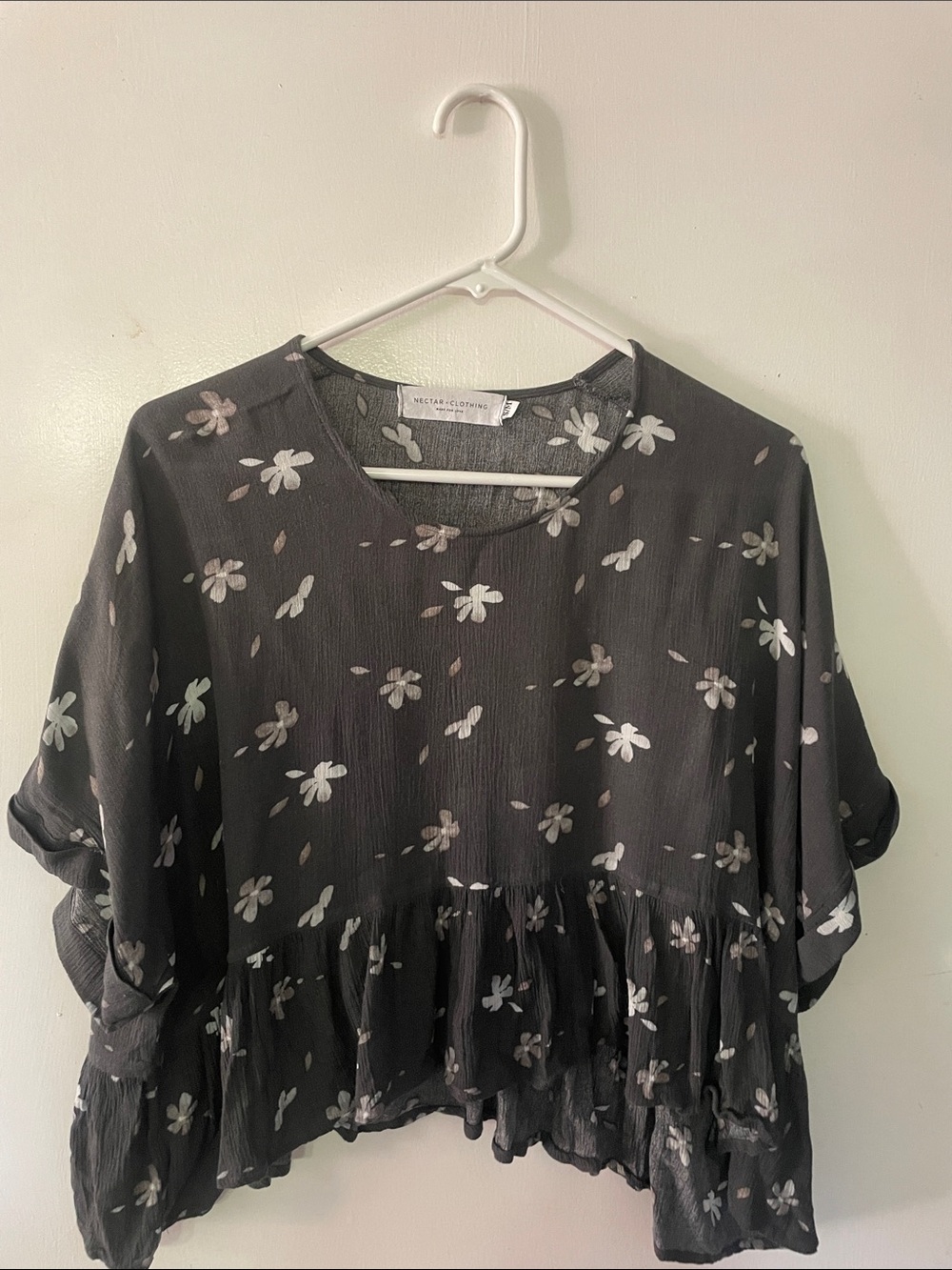 Women’s Black Floral Ruffle Hem Blouse Boho Style
